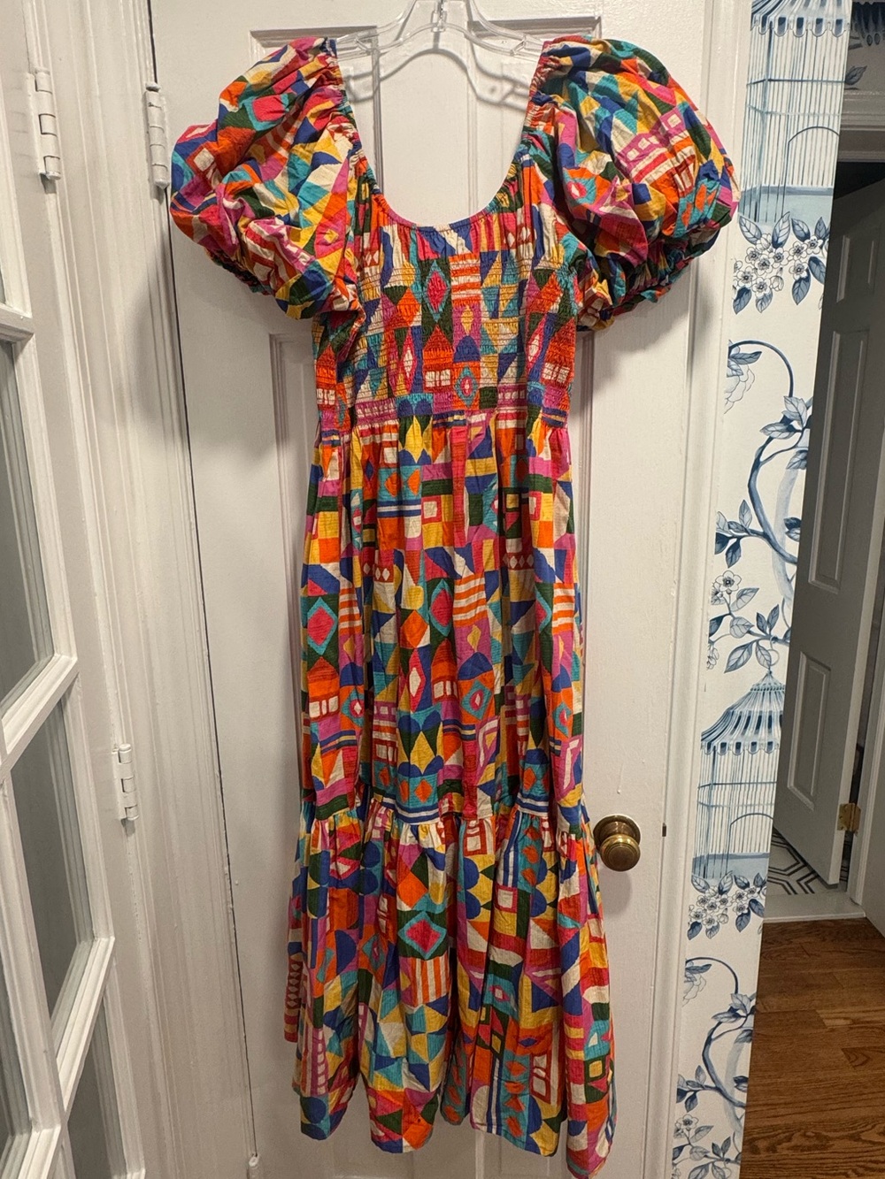 ANTONIO MELANI Multicolor Geometric Puff-Sleeve Midi Dress